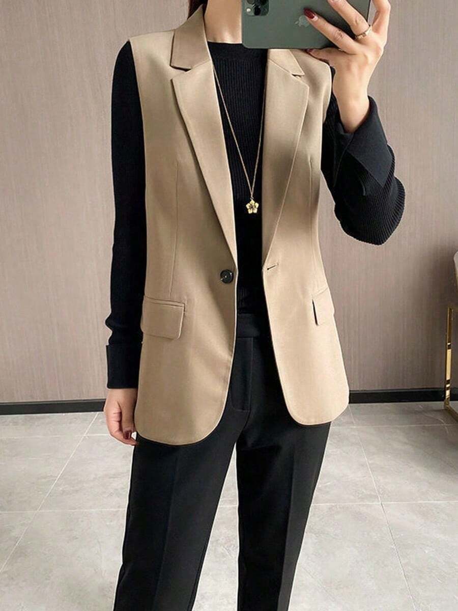 Blazers para mujer,Chaqueta chaleco versátil de un solo botón estilo coreano, novedad de moda para mujer para primavera/otoño. - Caqui - Ver 1