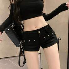 Pantalones cortos vaqueros coreanos de tiro bajo 2024 - Pantalones cortos negros ajustados con cordones remachados Vintage Cheeky Booty Summer  Y2K Outfit - Negro con cinturón - Ver 3