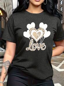 A Combination Of Wildness And Tenderness, This Black Heart-Shaped Balloon Pattern Print With Leopard Print Is Fashionable And Stylish. This Simple, Casual, Round-Neck, Short-Sleeved Women's T-Shirt Is Suitable For Activities Such As Leisure, Tourism, And Vacations. 13419 - Daily Wear, Easy To Wash And Maintain - 深灰色 - 查看 2