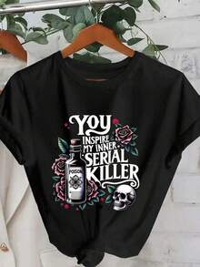 Camiseta de Verano para Mujer Talla Grande con Estampado de Botella de Veneno, Rosa, Calavera y Lema, Blusa Casual Negra para Mujer, Ropa Casual para Mujer - Negro - Ver 11