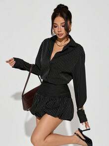 PETITE Conjunto casual para mujer, atuendos de otoño para mujer, falda de burbujas marrón y blusas, rayas marrones - Negro - Ver 4