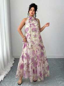 Vestido de malla floral sin mangas elegante para mujer de talla grande - Morado - Ver 5