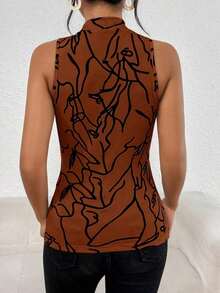 Camiseta sin mangas de cuello alto para mujer con estampado total para el verano - Marrón - Ver 2