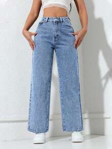 Jeans de mezclilla casuales y diarios de color liso para mujeres - Azul - Ver 8