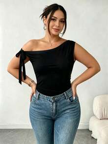 Camiseta ajustada de mujer talla grande de unicolor y cuello asimétrico, para verano - Multicolor 5 - Ver 3