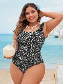 1 pieza Traje de baño de una sola pieza con fruncido de unicolor, estilo de vacaciones en la playa de verano para tallas grandes - Blanco y Negro - Ver 3