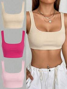 3 piezas Camiseta de tirantes de unicolor y corta para mujeres - Multicolor 3 - Ver 7