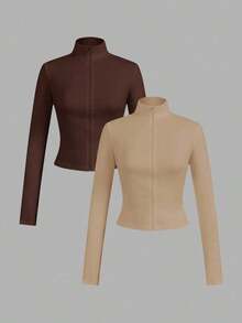 2 piezas Conjunto versátil de ropa deportiva de punto blanca y negra para yoga y fitness, camiseta de manga larga con cremallera y bordado gráfico de letras, elegante para otoño/invierno - Multicolor 2 - Ver 12