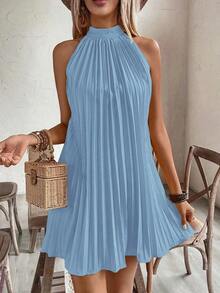 Vestido plisado con hombros abiertos y estampado para vacaciones, conjunto de ropa de playa para vacaciones - Azul - Ver 7