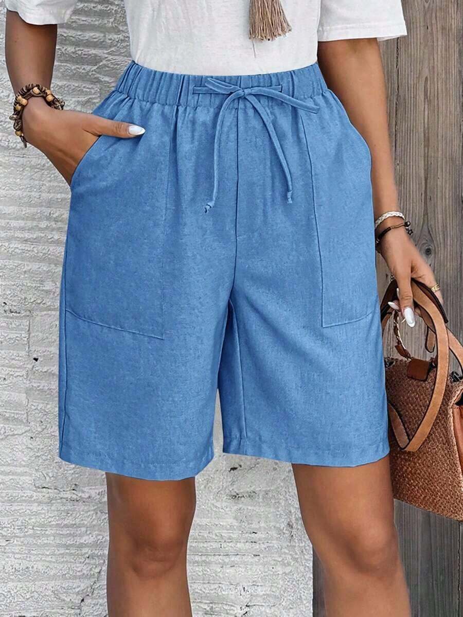Bermudas, unicolor, con bolsillos laterales, corte holgado, longitud hasta la rodilla, cintura media, estilo básico - Azul - Ver 1