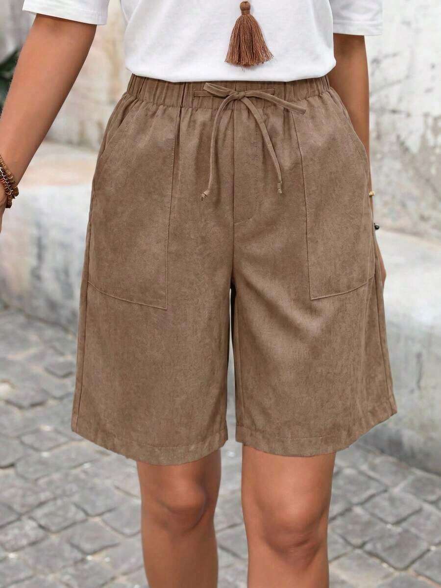 Bermudas, unicolor, con bolsillos laterales, corte holgado, longitud hasta la rodilla, cintura media, estilo básico - Caqui - Ver 1