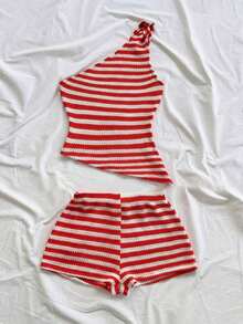 conjunto de verano para mujer, conjunto de vacaciones, conjunto de 2 piezas para uso diario, conjunto de vacaciones en la isla, bohemio, boho, floral romántico, vacaciones, floral - Rojo y blanco - Ver 4