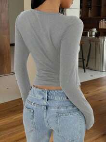 Camiseta de manga larga de ajuste ceñido con cuello alto y mangas raglán, estilo minimalista casual para mujer, primavera/otoño - Gris Claro - Ver 2