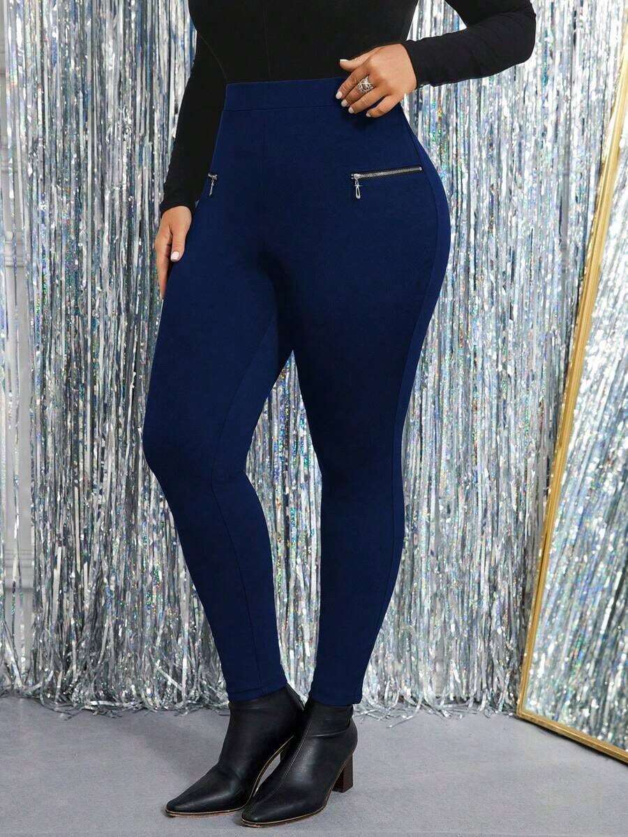 Pantalones pitillo elásticos de unicolor con cremallera decorativa, para uso casual diario en talla grande - Azul marino - Ver 1