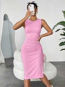 Vestido Sin Mangas De Punto De Albaricoque Ajustado Para Mujer - Rosa - Ver 3
