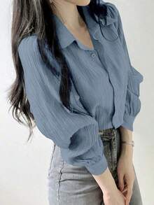 Blusa suelta de unicolor con cuello vuelto y pliegues para mujer, color morado, para primavera/verano/otoño, ropa de mujer de manga larga - Azul - Ver 5