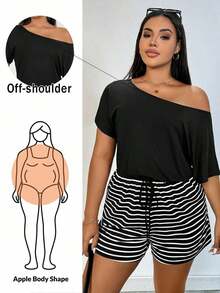 Rompers para mujeres de talla grande, mono informal de rayas, vestidos de verano para mujer, traje de una pieza, mono corto, para dama - Negro - Ver 1
