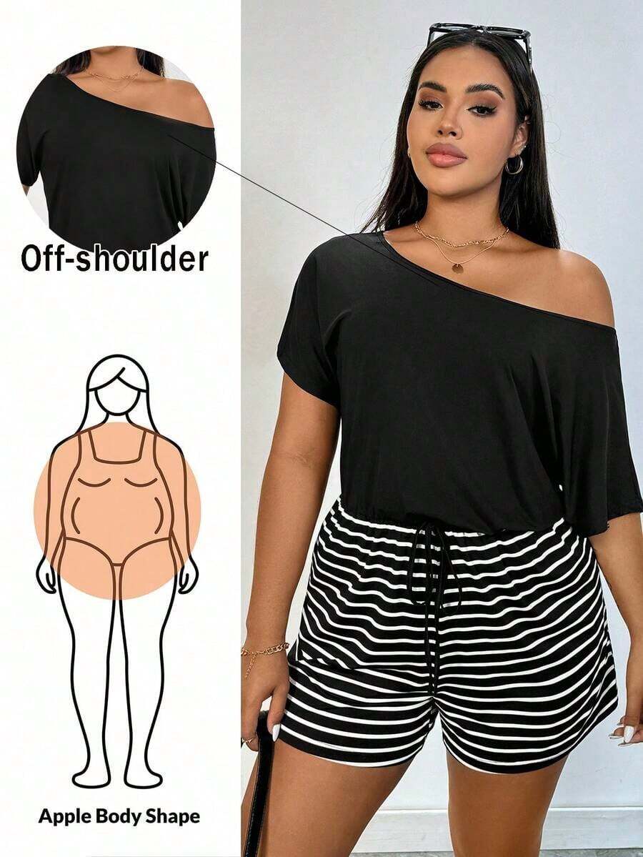 Rompers para mujeres de talla grande, mono informal de rayas, vestidos de verano para mujer, traje de una pieza, mono corto, para dama - Negro - Ver 1