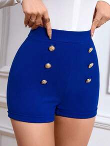 Shorts de talle alto con botón falso - azul real - Ver 1