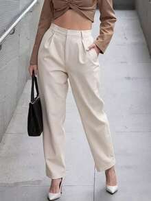 Pantalones rectos de cintura alta de unicolor para mujer, con pliegues, suaves y cómodos, versátiles y elegantes para uso casual urbano, adecuados para uso diario casual, citas, fiestas, San Valentín, carnaval y oficina - Albaricoque - Ver 7