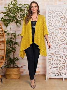 Chaqueta casual de apertura frontal con mangas 3/4 de jacquard para mujer de talla grande, para atuendos de vacaciones de otoño/invierno, atuendos de primavera, ropa de verano, vestidos de primavera, atuendos de primavera, ropa de primavera par - Amarillo - Ver 3