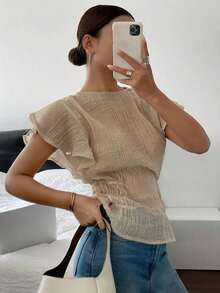 Blusa de mujer de cuello redondo liso, con mangas con volantes y cintura ceñida - Albaricoque - Ver 7