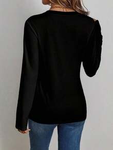 Camiseta de manga larga de algodón con cuello en V casual y sencilla, adecuada para otoño/invierno, top de manga larga blanco con cuello en V, tops básicos de mujer de manga larga, tops de mujer de manga larga casual de verano - Negro - Ver 2