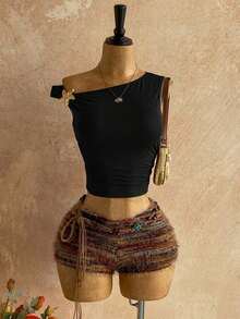 Nuevo conjunto casual de 2 piezas para mujer con hombro asimétrico, textura esponjosa, estampado floral y espalda descubierta, ideal para vacaciones, boda, graduación, Día de San Patricio, primavera, festival de música, elegante estilo boho tropical - Negro - Ver 7
