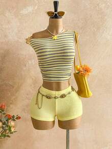 Nuevo conjunto casual de 2 piezas para mujer con hombro asimétrico, textura esponjosa, estampado floral y espalda descubierta, ideal para vacaciones, boda, graduación, Día de San Patricio, primavera, festival de música, elegante estilo boho tropical - Multicolor - Ver 7