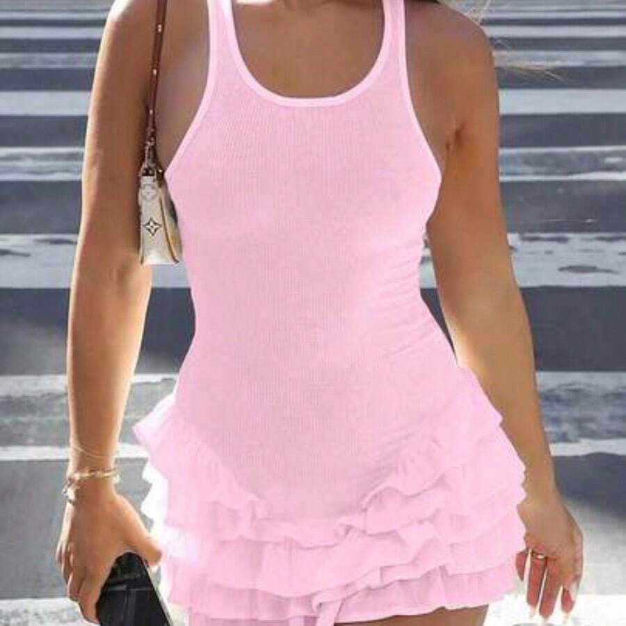Women's Ballet Style Halterneck Pleated Cake Dress - Rosa Pálido - Ver 1