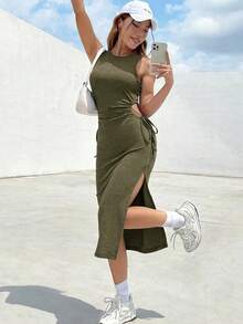 Vestido negro de verano con abertura lateral con cordón y recorte en el muslo - Verde militar - Ver 3