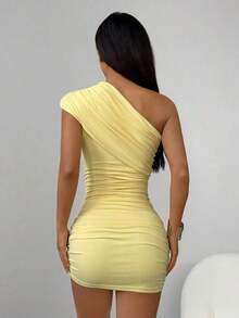 mini ajustado con pliegues de unicolor para mujer, atuendos de verano y club, sexy - Amarillo - Ver 2