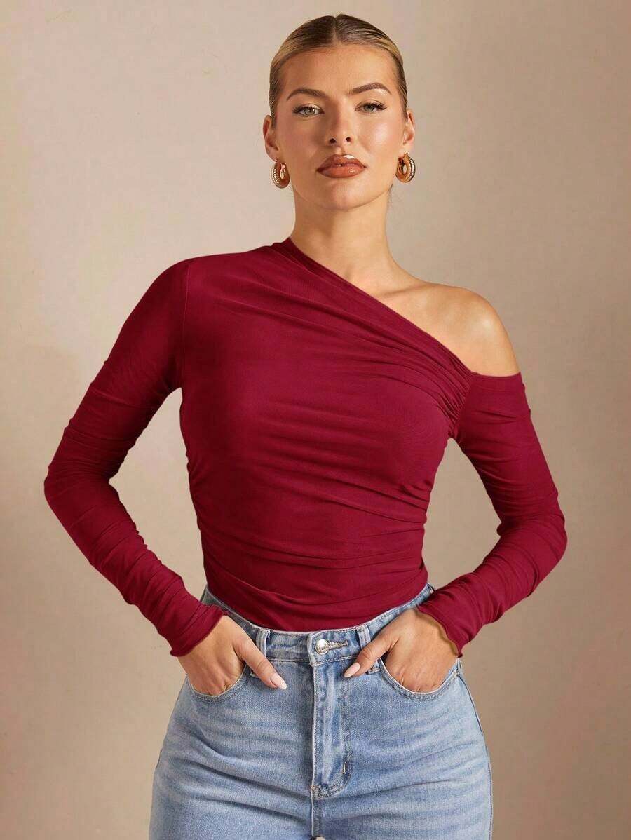 Camiseta de manga larga con cuello asimétrico plisado, ajustada, en color liso, para mujer, para primavera/otoño - Burdeos - Ver 1