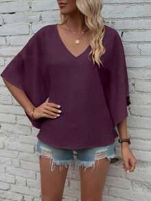 Camisa de manga de murciélago de unicolor casual, verano - Morado - Ver 6