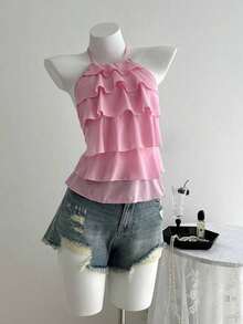 Blusa casual de mujer con cuello de volantes en capas de unicolor - Rosado Sandía - Ver 1