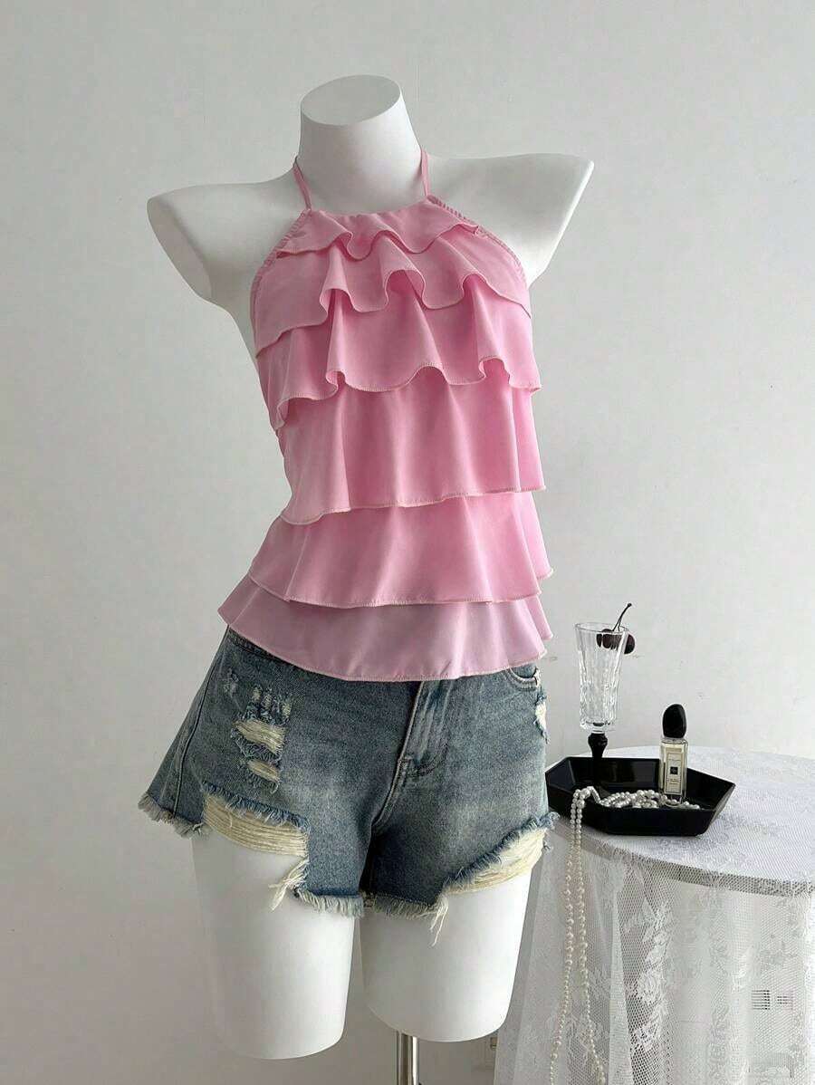 Blusa casual de mujer con cuello de volantes en capas de unicolor - Rosado Sandía - Ver 1