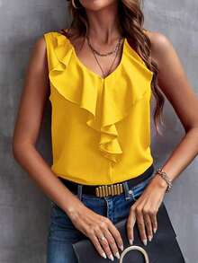 Blusa sin mangas con ribete de volantes, blusas sin mangas de verano elegantes para damas - Amarillo 2 - Ver 5