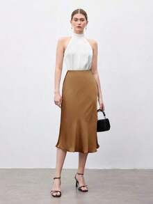 Falda negra básica de corte evasé para mujer, adecuada para el transporte urbano, negocios, uso casual, oficina, y atuendo formal elegante para mujer - Marrón 2 - Ver 3
