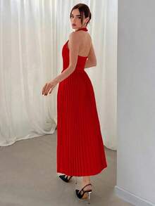Conjunto de chaleco sin mangas con botones y falda plisada para mujer en otoño/invierno, 2 piezas - Rojo - Ver 2