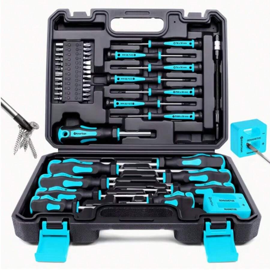 Bộ tua vít từ tính 115 chi tiết, bao gồm tua vít dẹt, lục giác, vuông, sao và tua vít chính xác, kèm dụng cụ khử từ. - Bộ nhiều mảnh - Xem 1