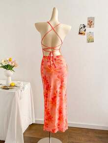Vestido informal y romántico para vacaciones con estampado de leopardo, cuello drapeado, espalda descubierta y lazada - Multicolor - Ver 2