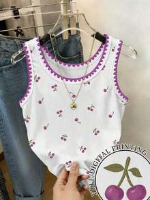 Camiseta de tirantes con cuello redondo, estampado de flores de cerezo y recorte de concha para mujer - Multicolor - Ver 1