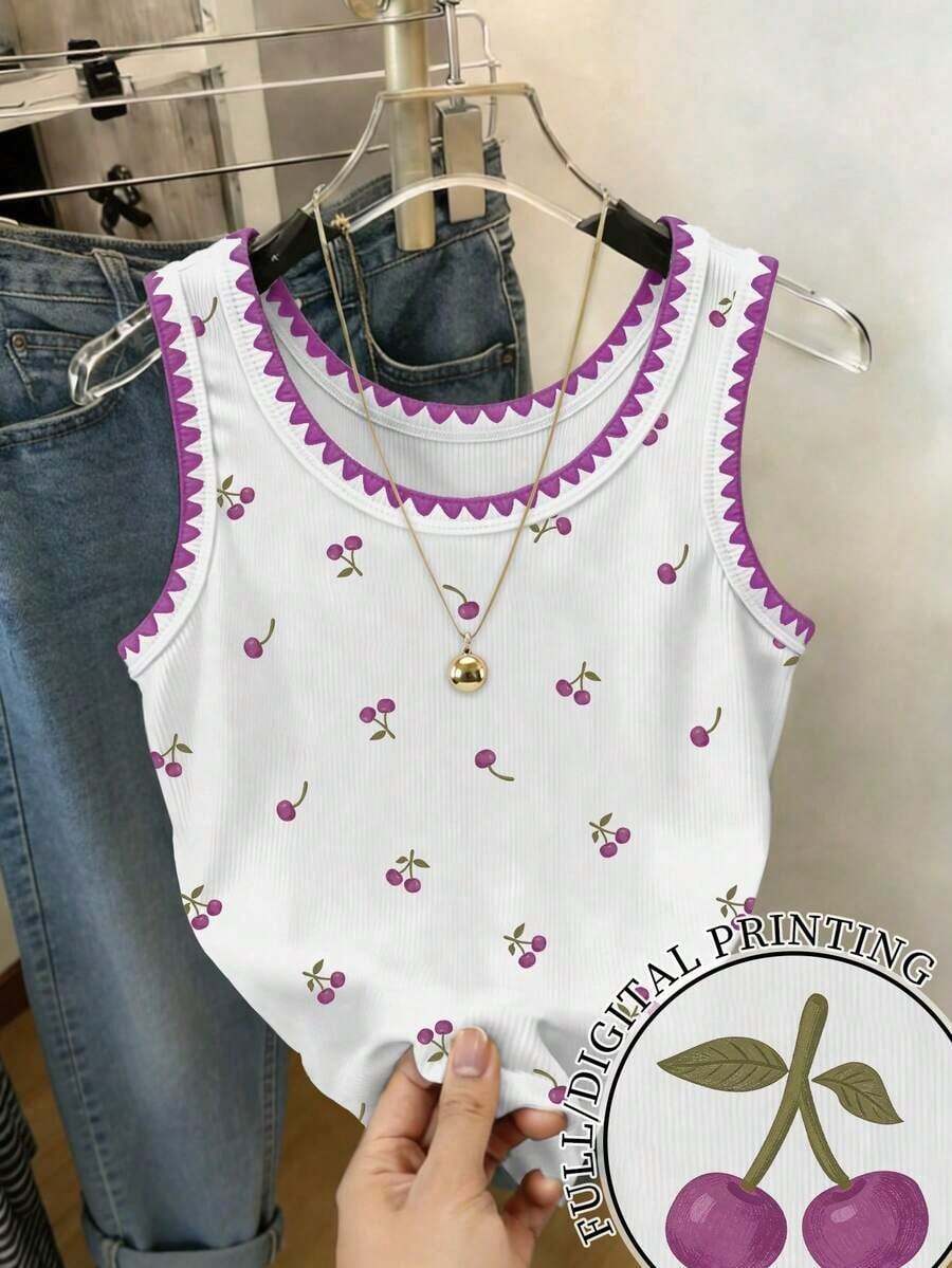 Camiseta de tirantes con cuello redondo, estampado de flores de cerezo y recorte de concha para mujer - Multicolor - Ver 1