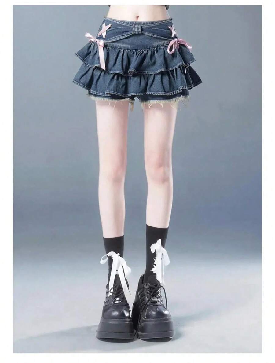 Women's Vintage Style Denim Mini Skirts, American Streetwear With Kawaii Bow, Sexy, A-Line, Gothic, Summer, New Fashion - 藍色的 - 查看 1