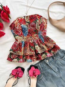 Blusa elegante bohemia y tropical sin tirantes, con hombros abiertos, espalda abierta y bajo con volantes, para mujer, ideal para uso casual, resort, playa, boda, graduación, brunch, Día de San Patricio, vacaciones de primavera, Pascua, festivales - Rojo - Ver 8