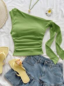 Top de mujer de color amarillo claro con tirantes asimétricos y hombros atados, fluido y ajustado, adecuado para fiesta, vacaciones, festival de música, estilo bohemio, cita de vacaciones, té de la tarde - Verde - Ver 3