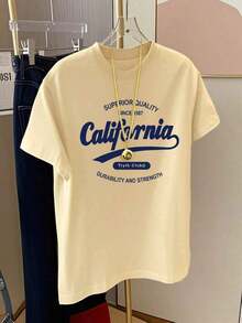 Conjuntos de primavera para mujer: camiseta blanca de manga corta y longitud media, estampado gráfico en inglés para mujer, ropa casual elegante para combinar en capas, ropa de verano, tops de verano. - amarillo claro - Ver 2