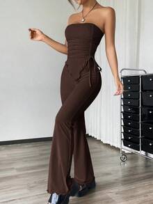 Conjunto de dos piezas con top asimétrico bandeau fruncido de unicolor y pantalones acampanados para mujer - Marrón - Ver 4