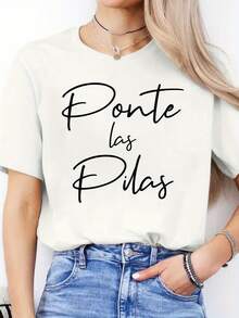 Camiseta de manga corta con estampado de letra casual en español para mujer - "Ponte las Pilas" Gráfico, Manga Corta, Cuello Redondo, Poliéster Liviano, Perfecto para Primavera y Verano, Camiseta para todos los días| Estilo Casual| Tela Elástica - [Blanco] - Ver 6