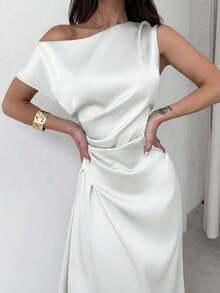 Vestido elegante asimétrico de hombro con pliegues y bajo de cola de sirena en color verde, adecuado para citas, vacaciones, bodas, eventos, regreso a la escuela, graduación, vestido de dama de honor formal, vestidos elegantes para mujer - Blanco - Ver 4